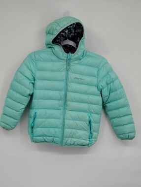 Eddie Bauer Light Mint Green Reversible Hooded Puffer Jacket S 7/8